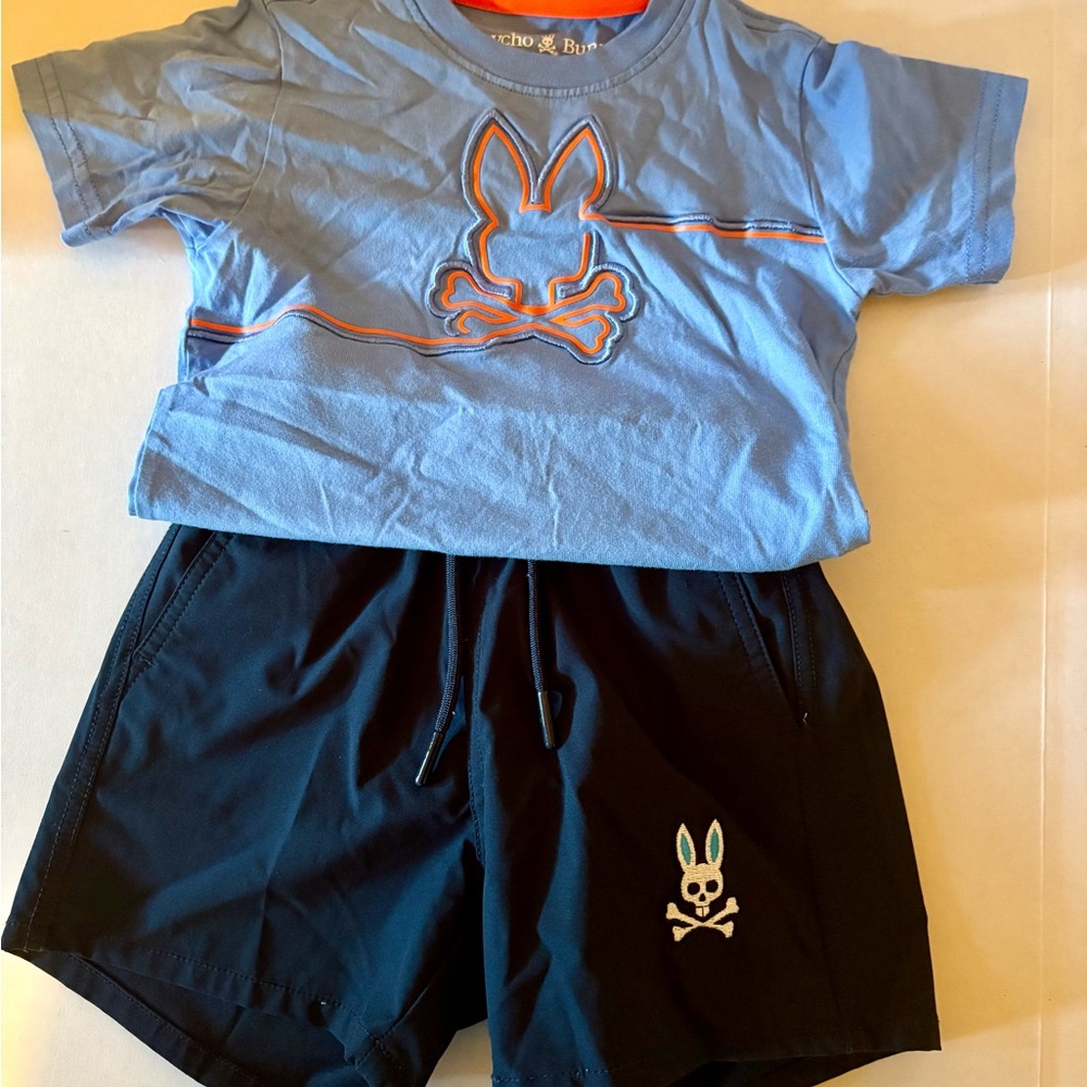 Psycho Bunny Light Blue Tee and Dark Shorts Set